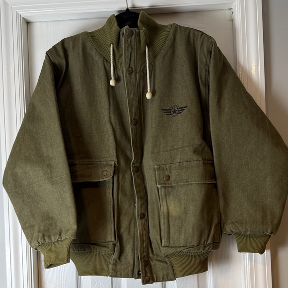 Authentic Original Vintage Style Other - Vintage Olive Green Men's Fleece Lined Jacket Bomber Canvas Car Work Large